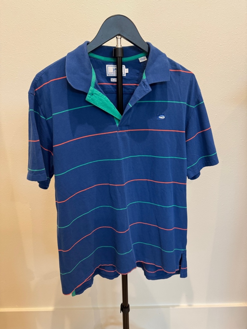 Southern Tide Navy Polo with Green and orange Stripes